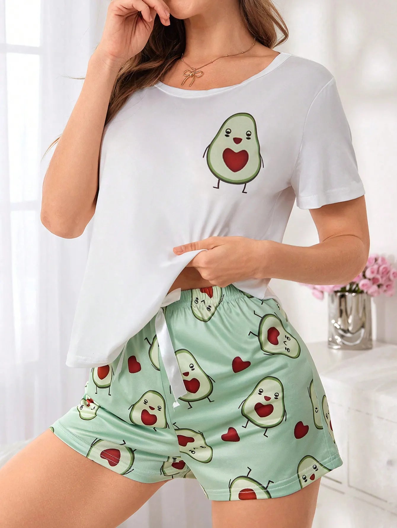 Women's Cute Avocado Print Short Sleeve Pajama Shorts Set