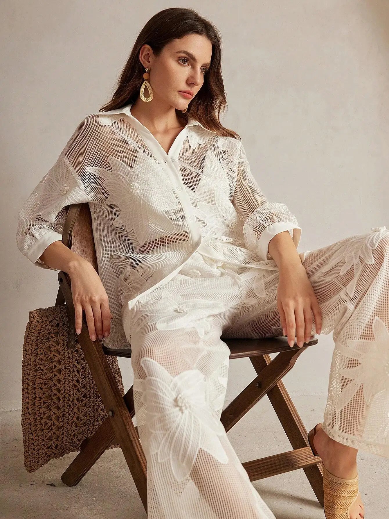 Two Piece Hollow Embroidery Floral Casual Set for Women