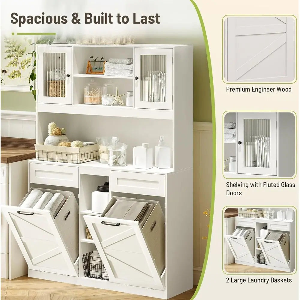 Double Hamper Cabinet With Frosted Glass Door For Bathroom Storage