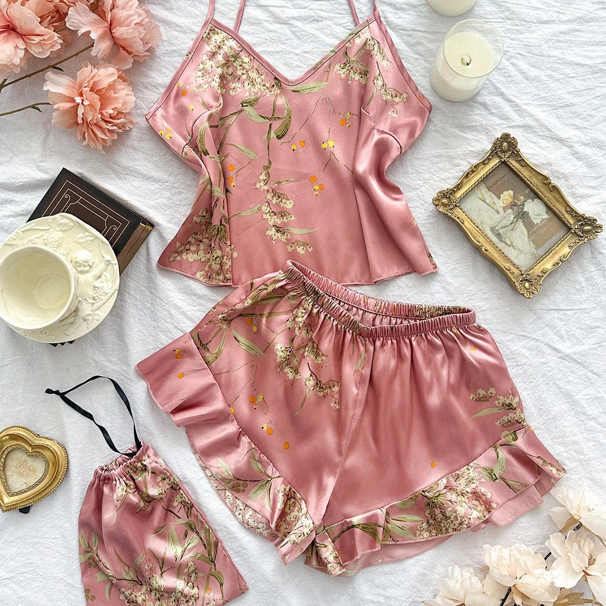 Elegant Floral Cami Tops And Shorts Pajama Set For Women