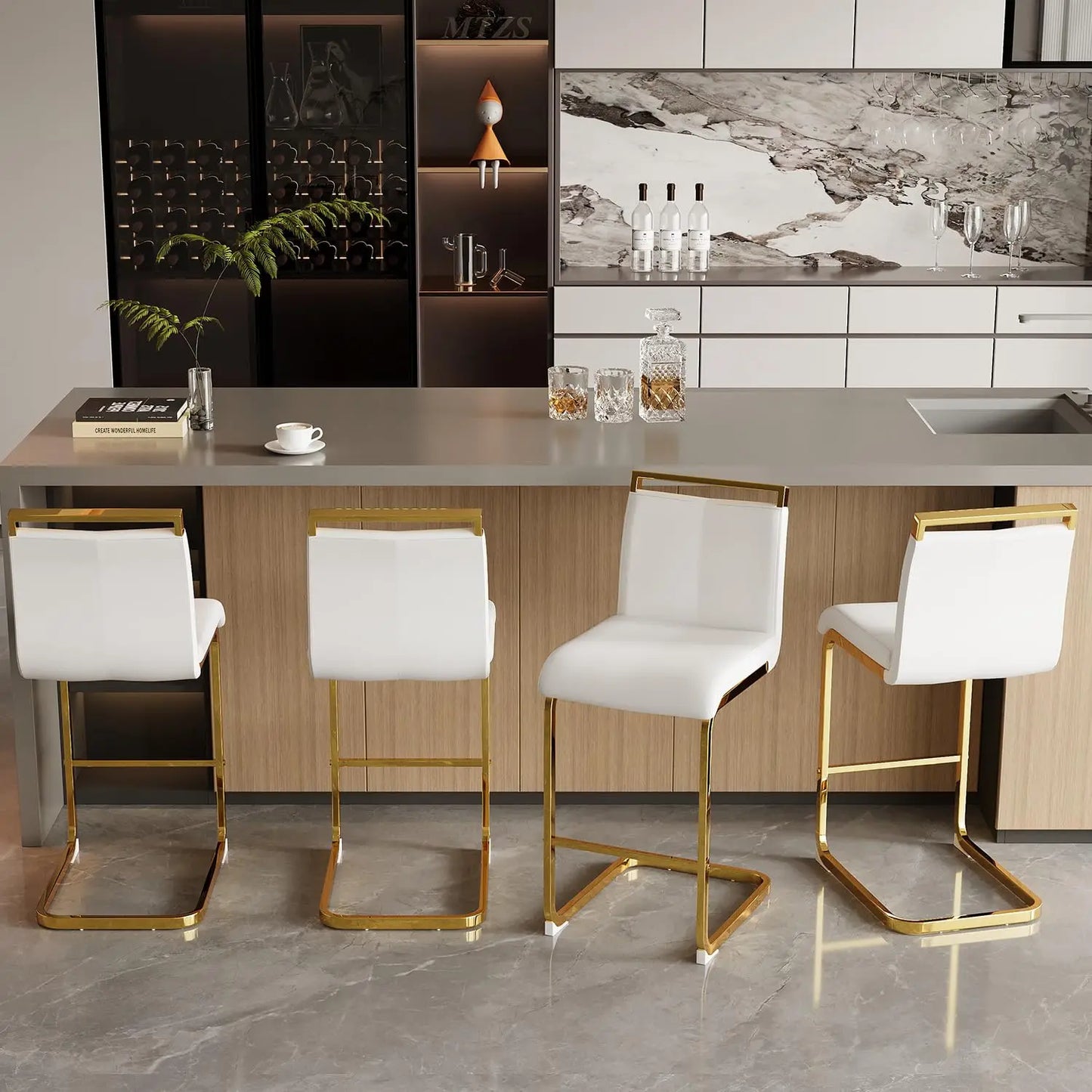 Bar Stools Set of 4,Gold Bar Stools with Back,25" White Island Chairs with Gold Plated Metal Leg,Faux, Customized