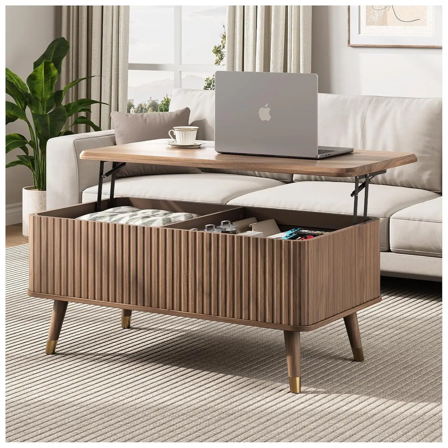 Round Coffee Table with Storage, 31.5" Fluted Center Table for Living Room, Modern Walnut Wood Circle Drum Table, Customized