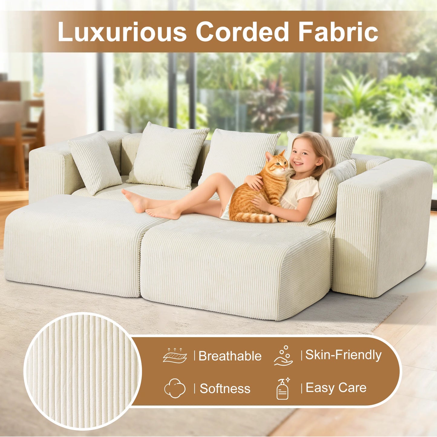 117” Boneless Sofa, Cloud Couch with Deep Seat, Comfy Corduroy Modular Sectional Couch,Memory Foam,No Assembly,For Living Room