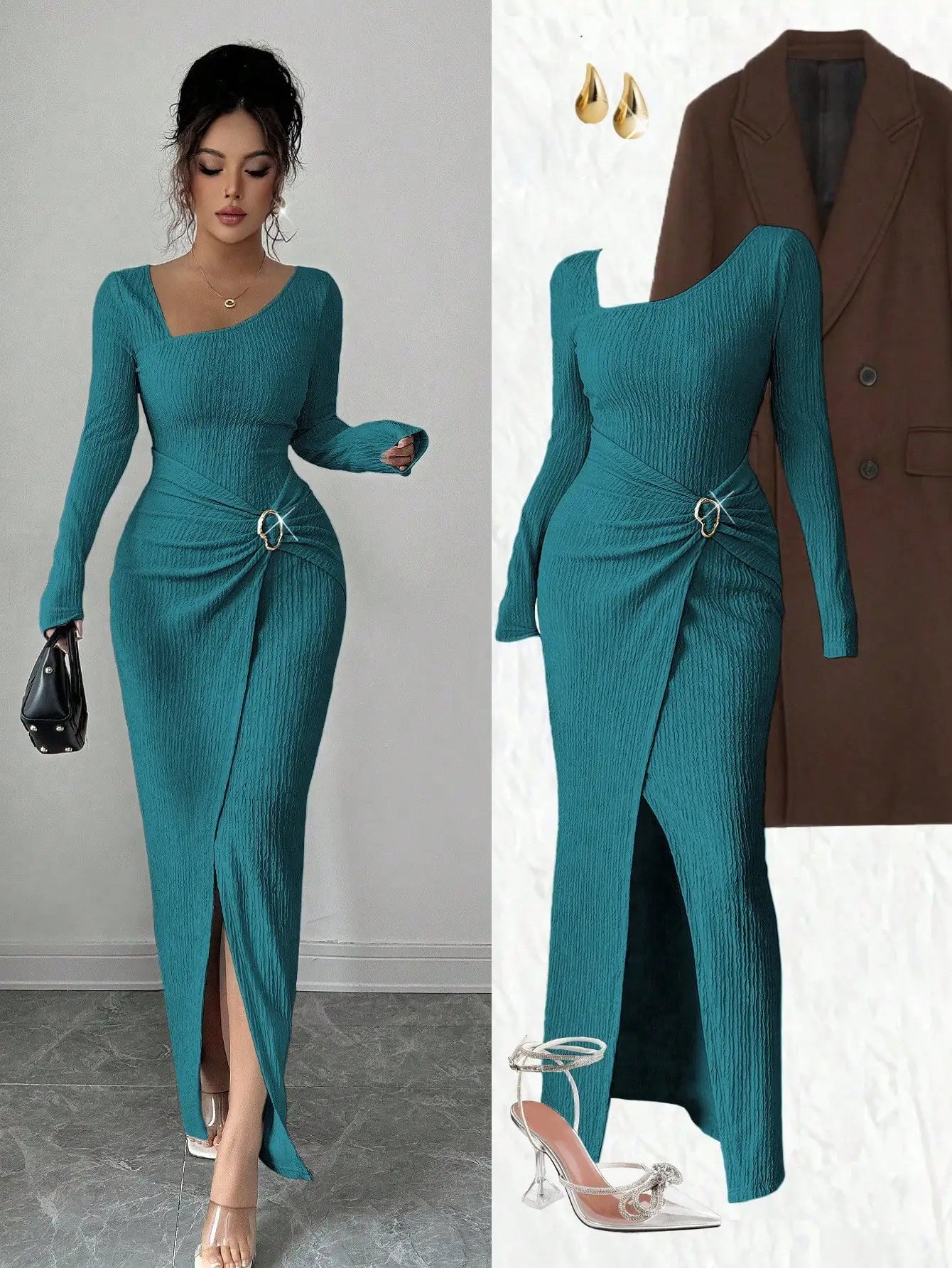 Asymmetrical Neck Knitted Bodycon Dress With Twist Waist Side Slit
