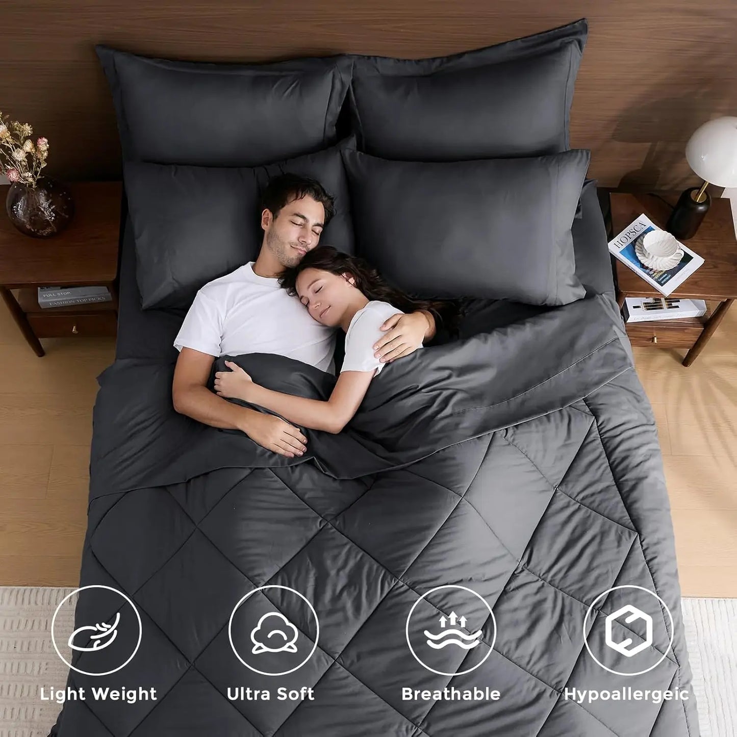 7-Piece Queen Comforter Set, All Season Reversible Bedding with Grey Comforter, Sheets, Pillowcases