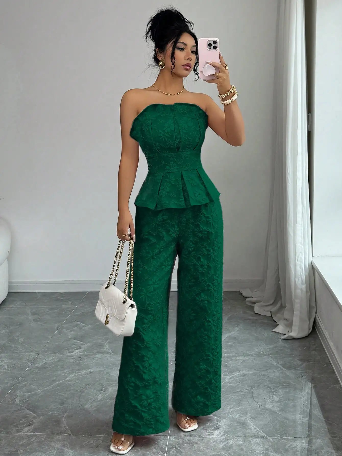 Floral Jacquard Strapless Peplum Top And Wide Leg Pants Set