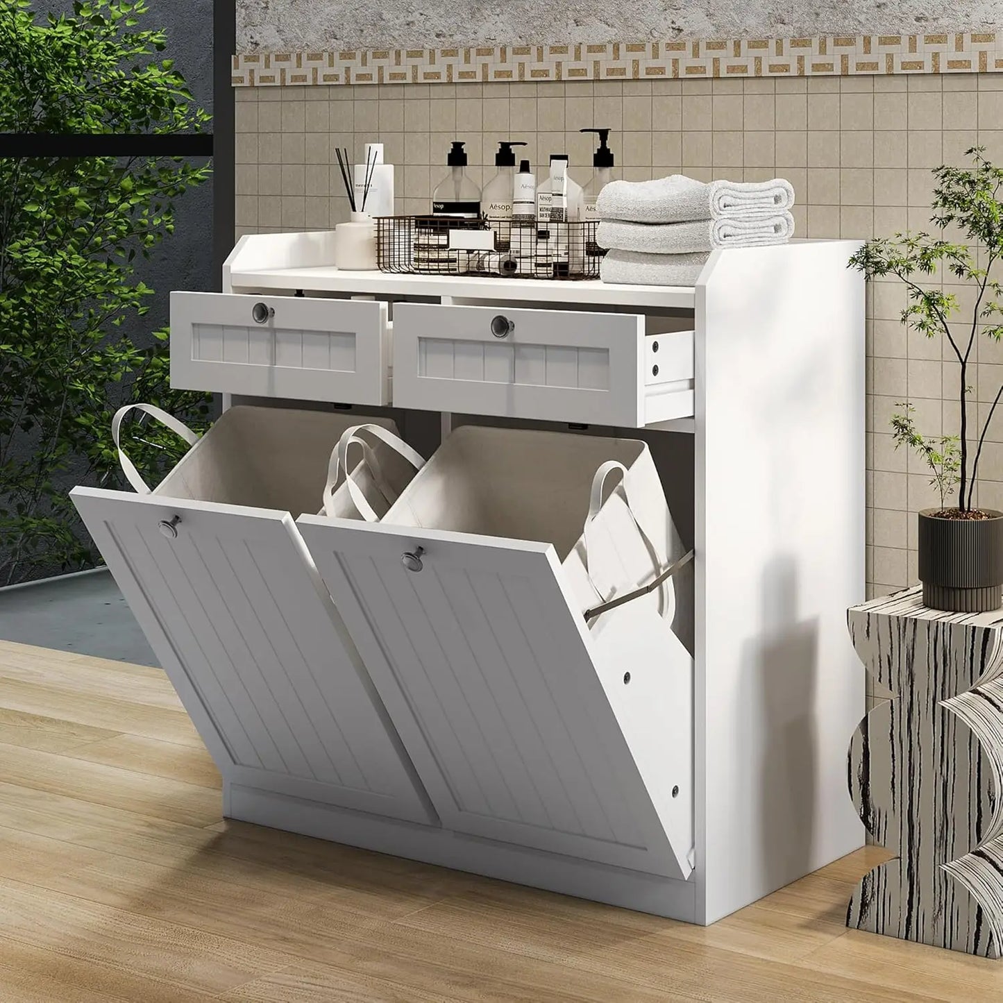 Wooden Double Tilt Out Trash Cabinet With Hidden Drawer