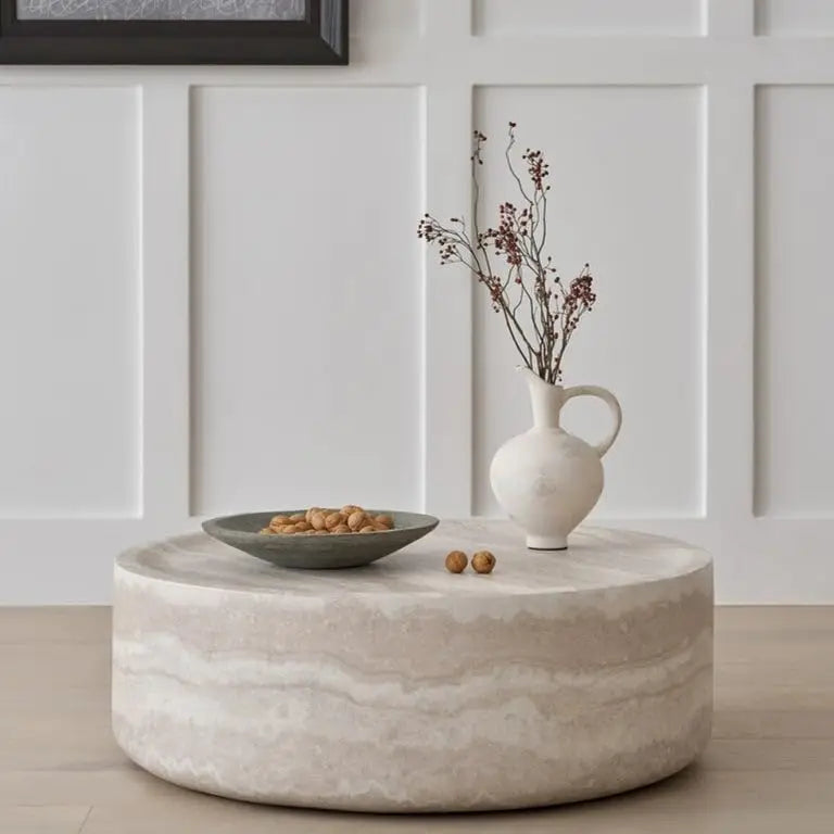 Faux Marble Round Coffee Table With Modern Fiberglass Drum Center