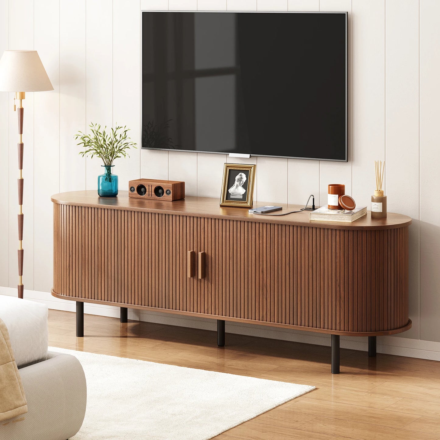 TV Stand with Power Outlet for TVs up to 60/70", Entertainment Center, TV Table with Sliding Doors Storage Adjustable Shelves