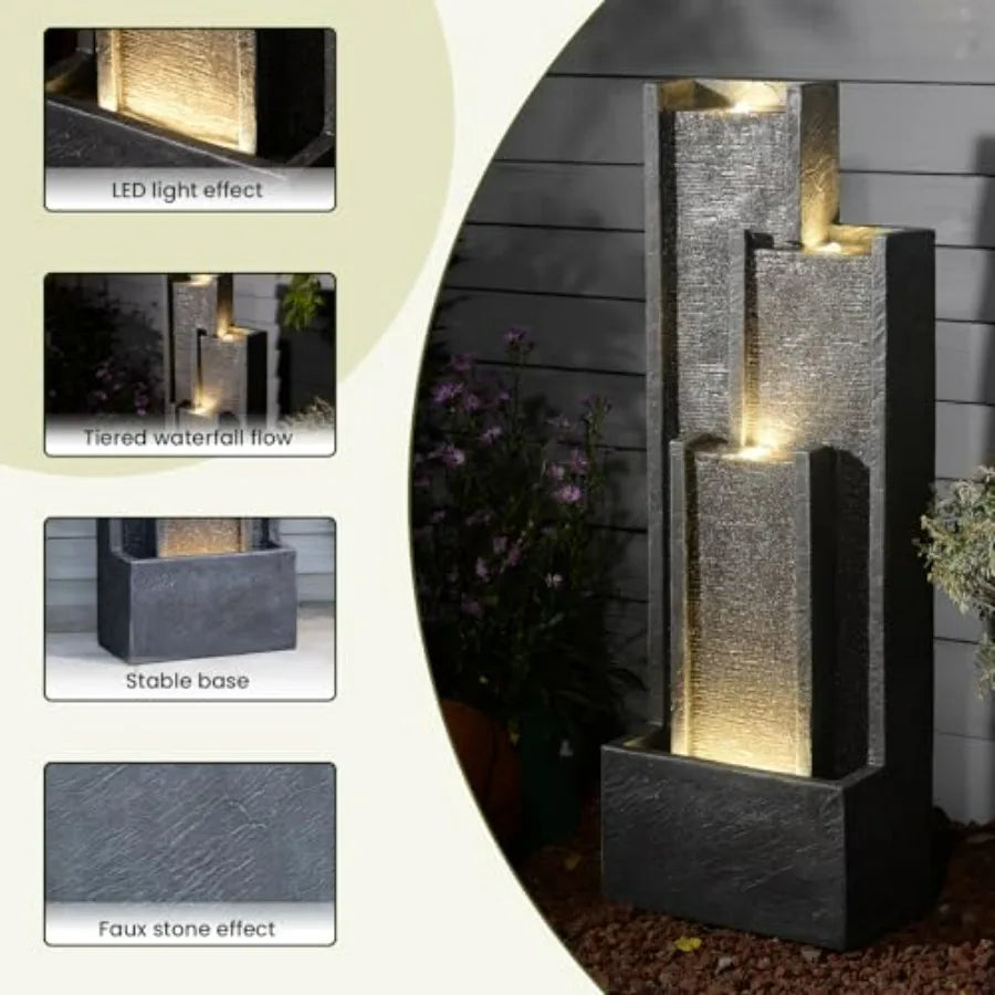 Outdoor Water Fountain With Lights Cascading Waterfall Resin Garden Patio