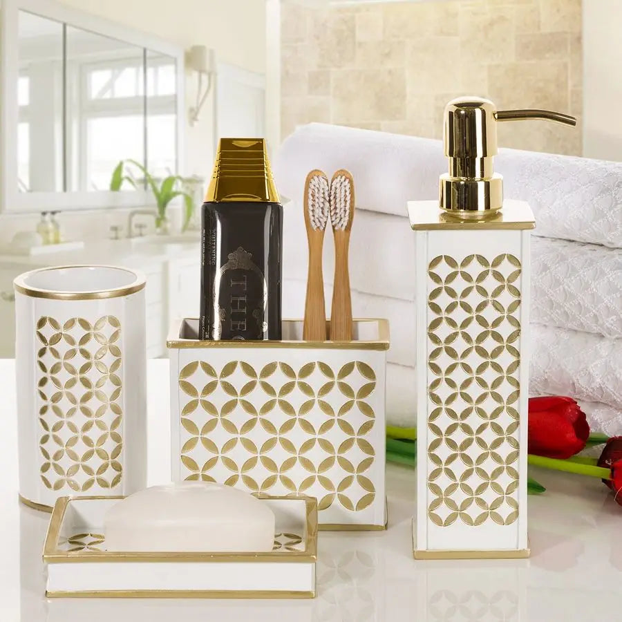 Diamond Lattice White Bathroom Accessories Set Decorative 4 Piece Bathroom Accessory Set Includes Soap Dispenser, Toothbrush Hol