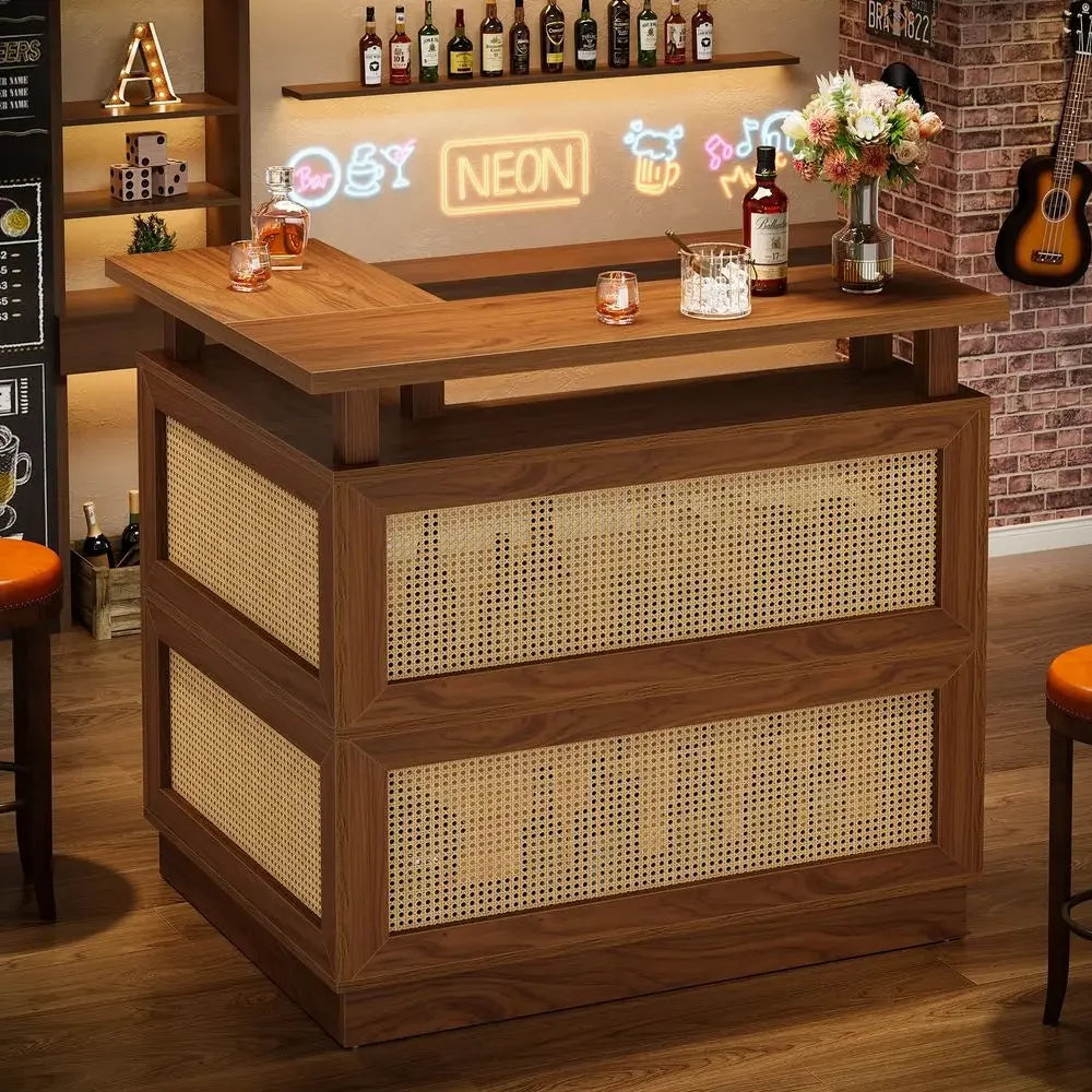 L Shaped Bar Table With Storage Shelf Rattan Home Unit