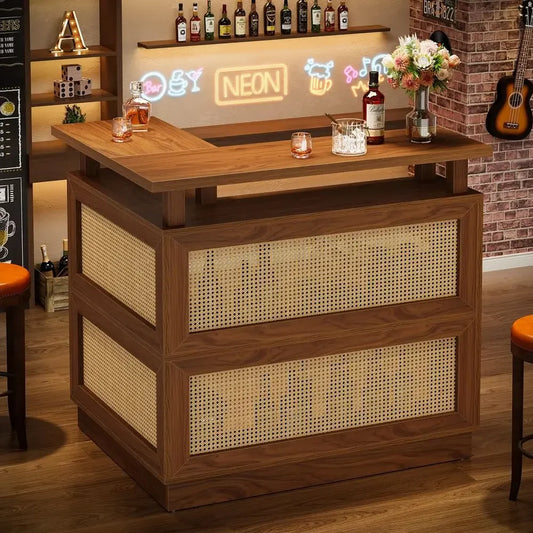L Shaped Bar Table With Storage Shelf Rattan Home Unit