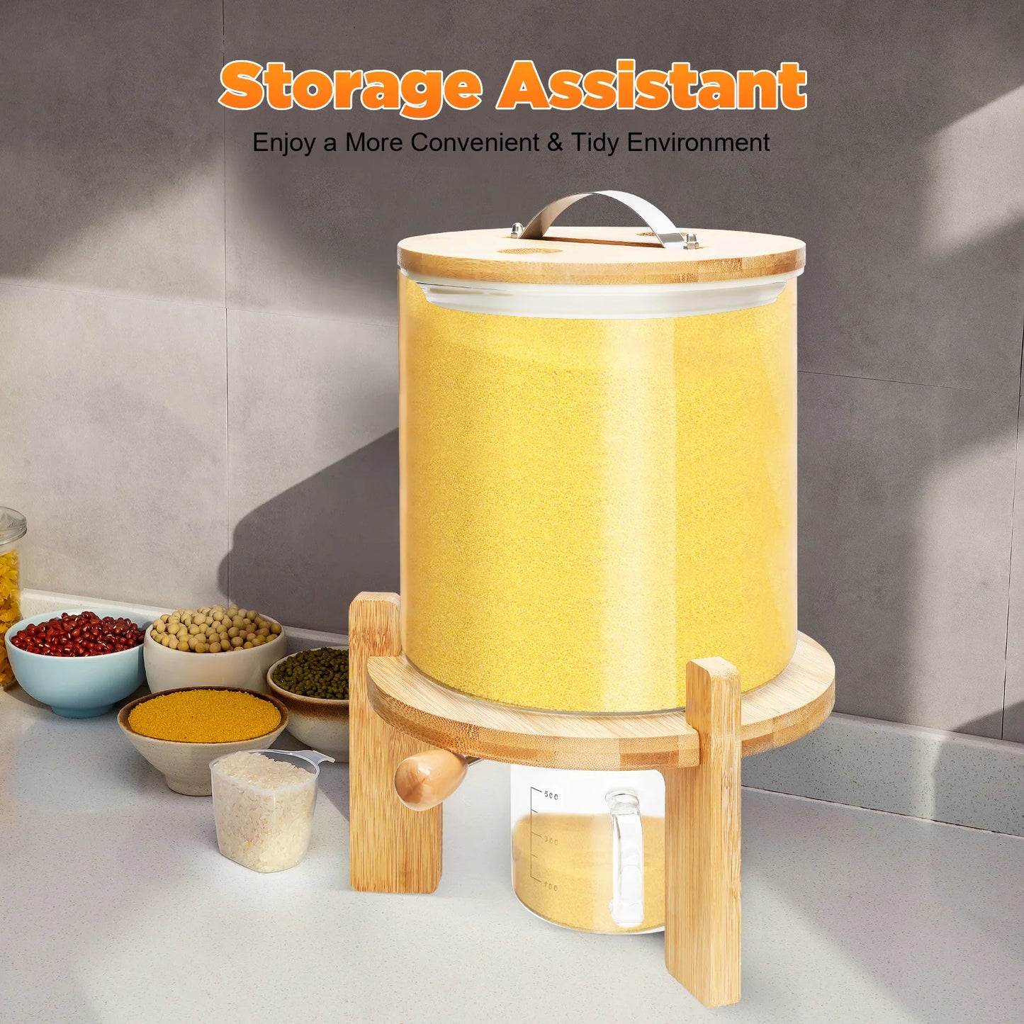Airtight Glass Dry Food Storage Cereal Dispenser With Bamboo Lid