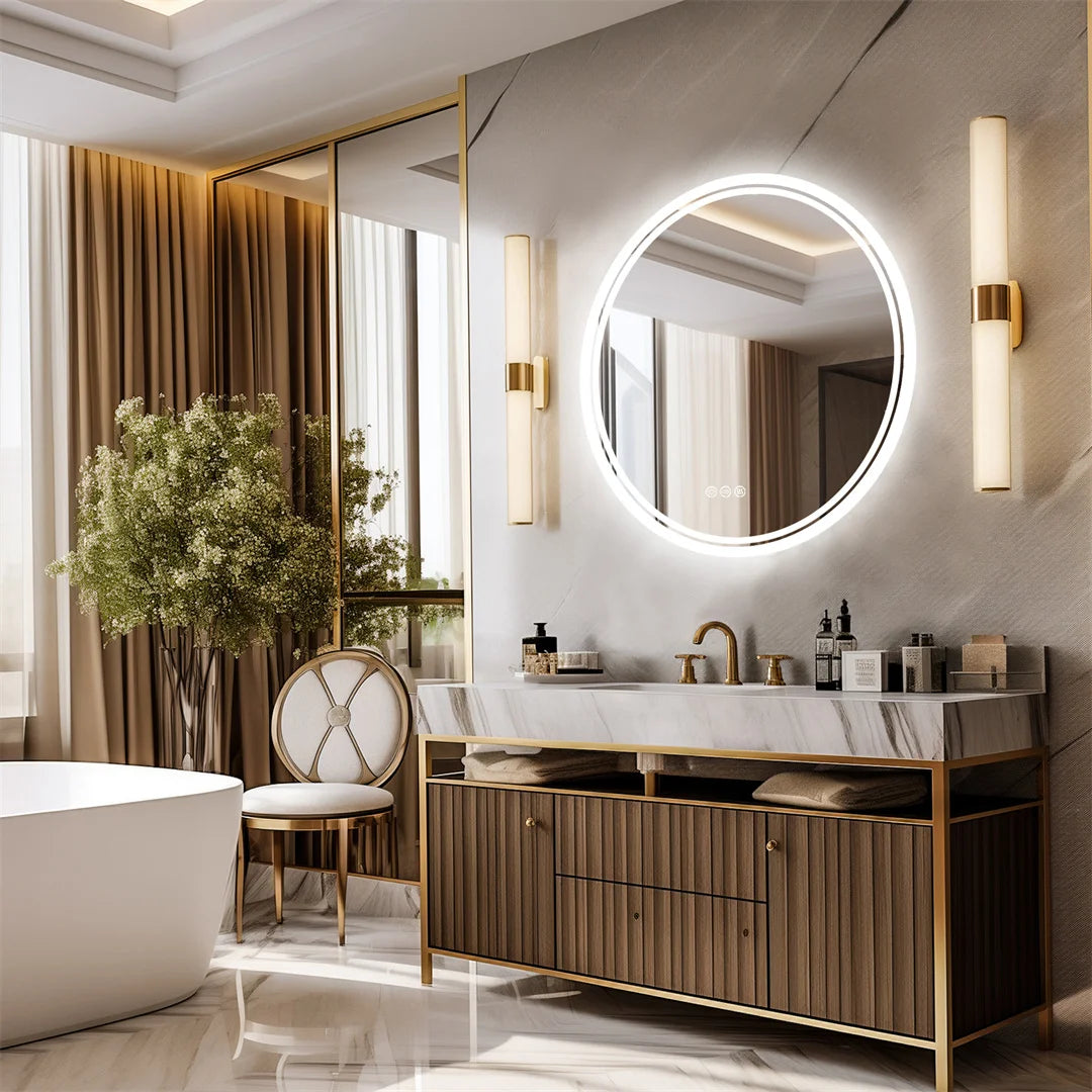 LUVODI Round Bathroom Mirror With Touch Screen LED Anti-Fog