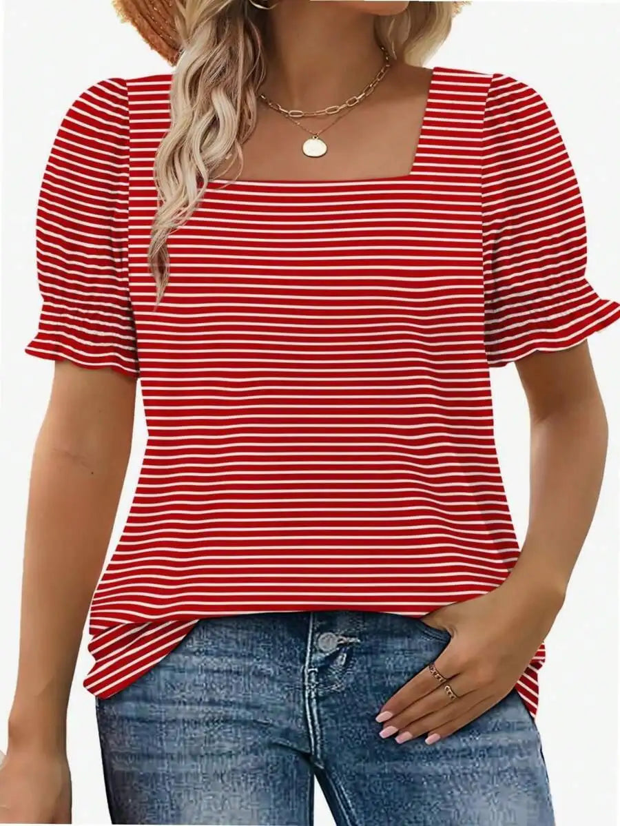 Womens Square Neck Short Sleeve Cotton T Shirt Ruffle Sleeves