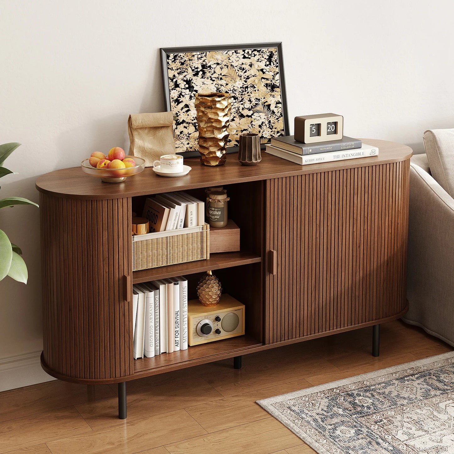 55" Sideboard Buffet Cabinet, Storage Cabinet  Adjustable Shelf, Wood Fluted Accent Coffee Bar Console Table for Kitchen