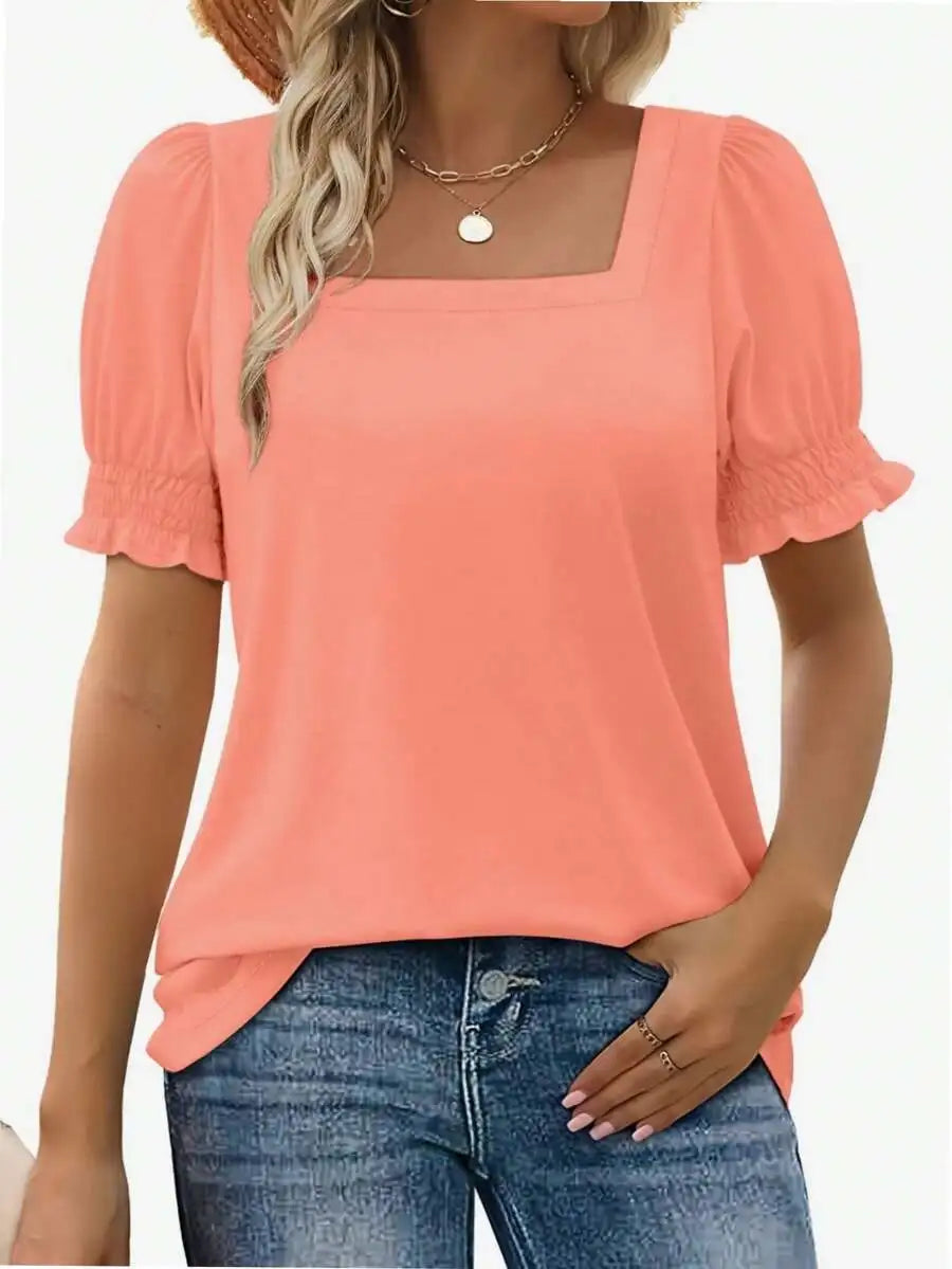 Womens Square Neck Short Sleeve Cotton T Shirt Ruffle Sleeves