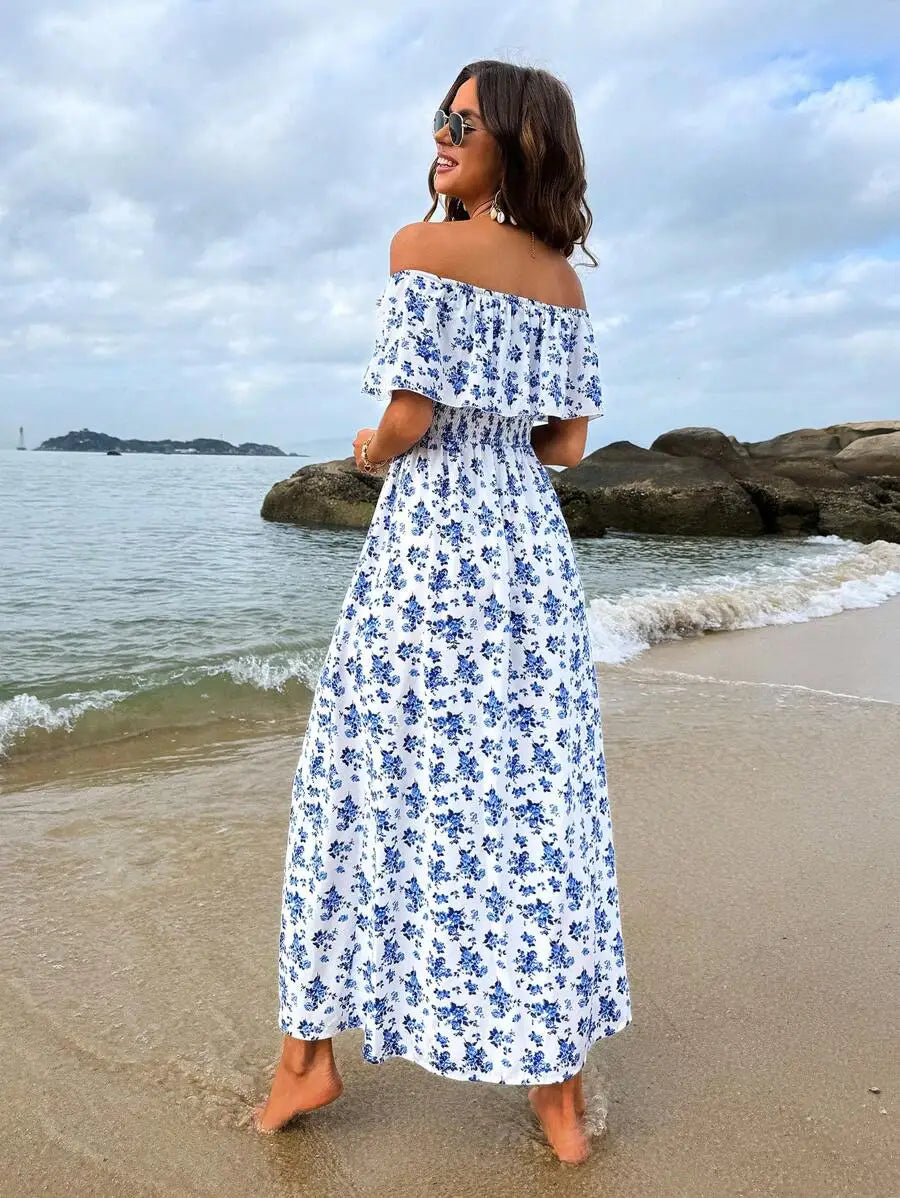 Off Shoulder Floral Maxi Dress With Side Slit And Ruffles