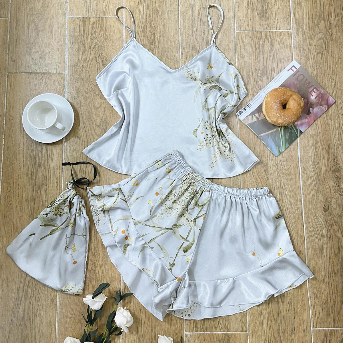 Elegant Floral Cami Tops And Shorts Pajama Set For Women