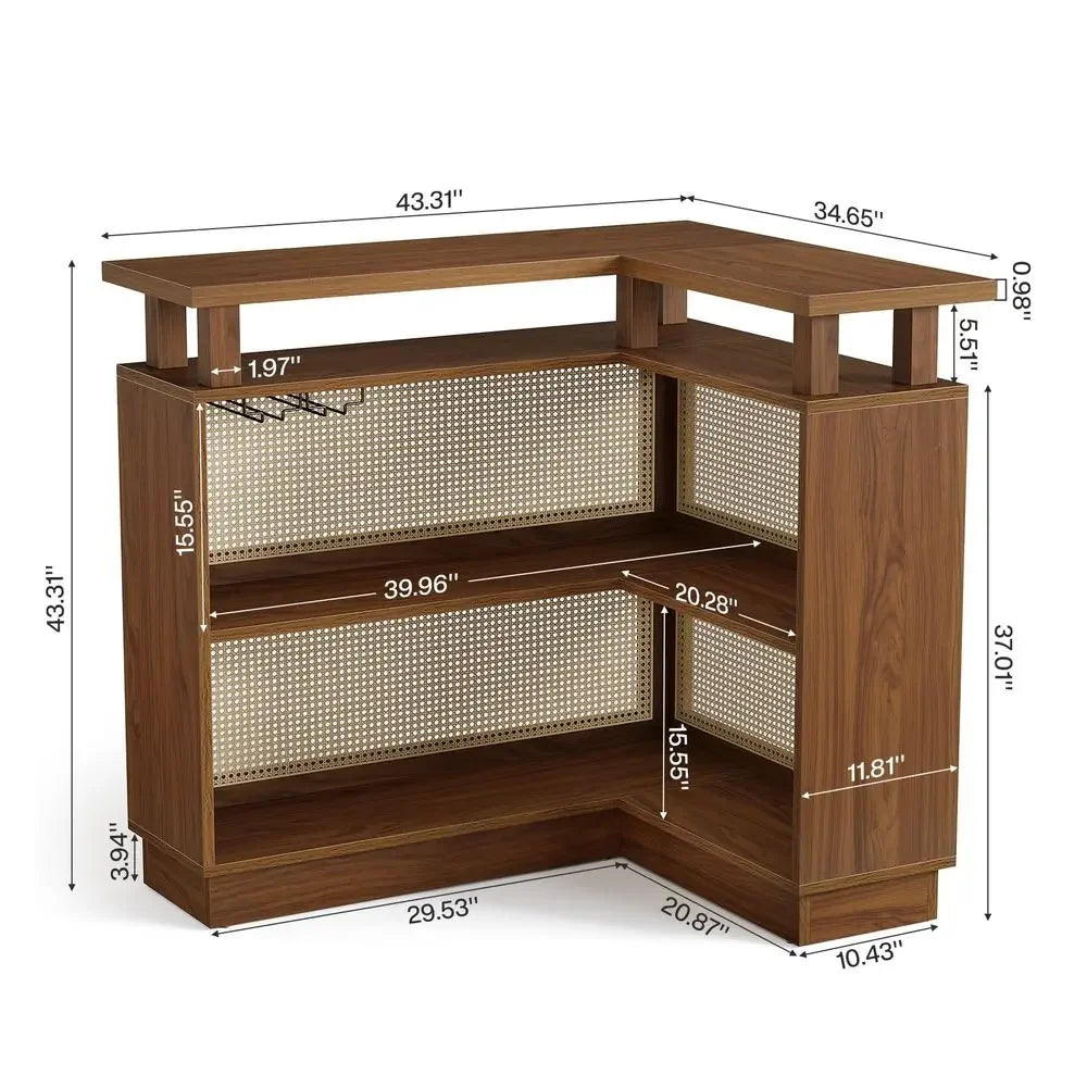 L Shaped Bar Table With Storage Shelf Rattan Home Unit
