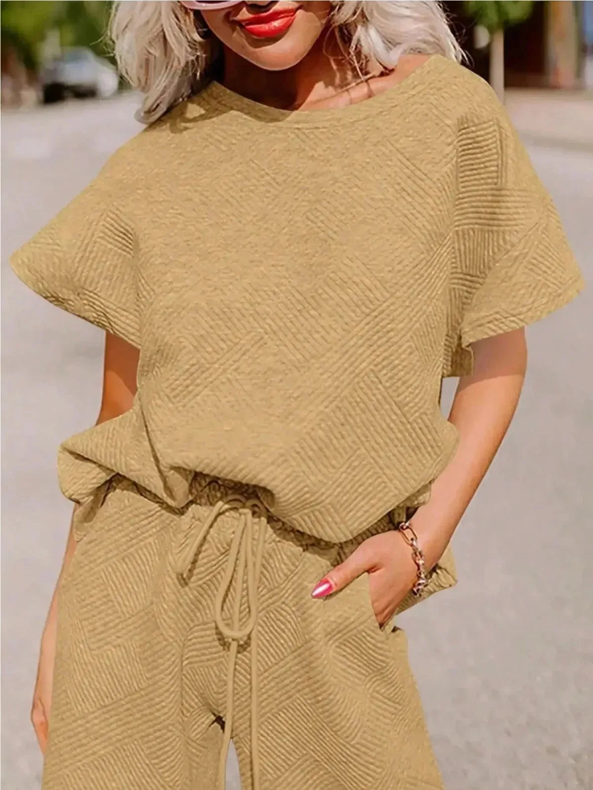 Fisoew Two Piece Sweat Set Luxury High Stretch Drawstring Waist