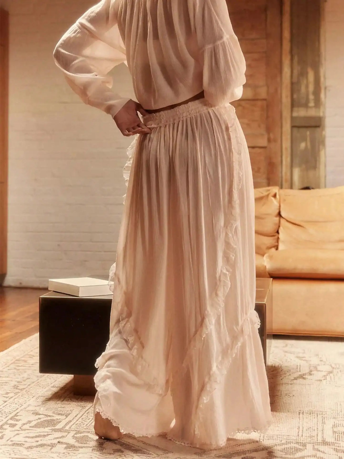 Lace Trim Two Piece Lounge Set With Long Sleeve Crop Top And Wide Leg Pants
