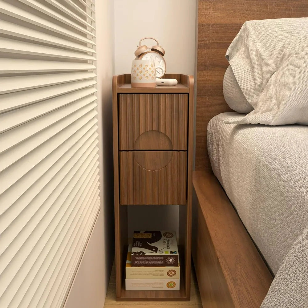 Narrow Fluted Wooden Nightstand With 2 Drawers Slim Bedside Cabinet