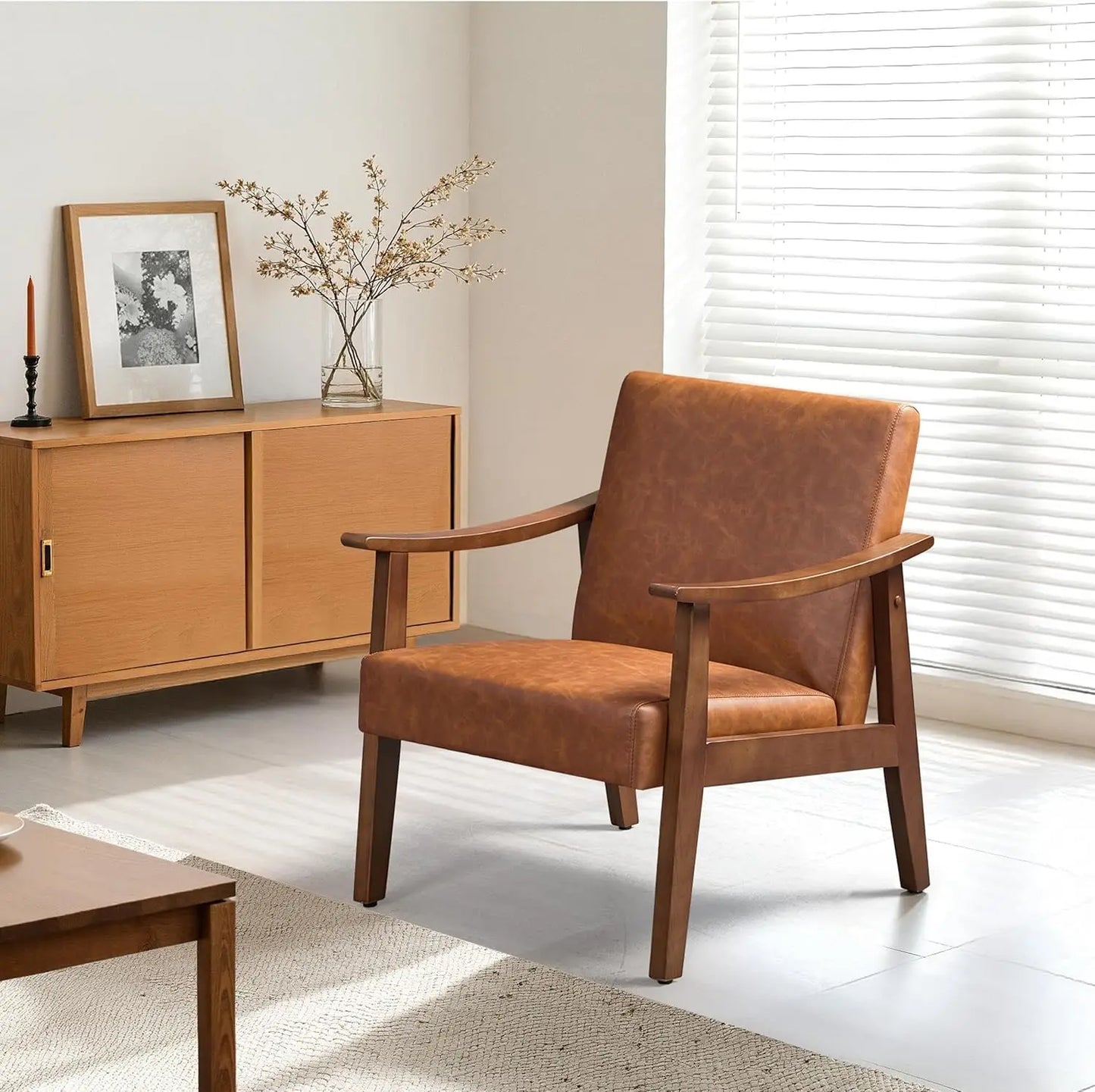 Mid-Century Modern Armchair With Solid Wood Legs For Living Room