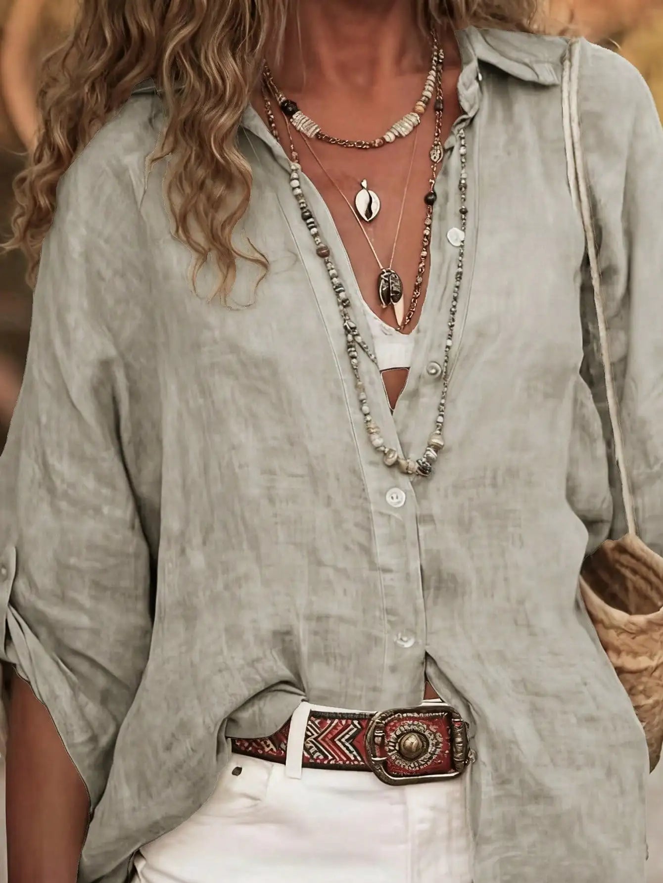 Women Linen Shirt With Rolled Cuff Button Detail Turn Down Collar Long Sleeve