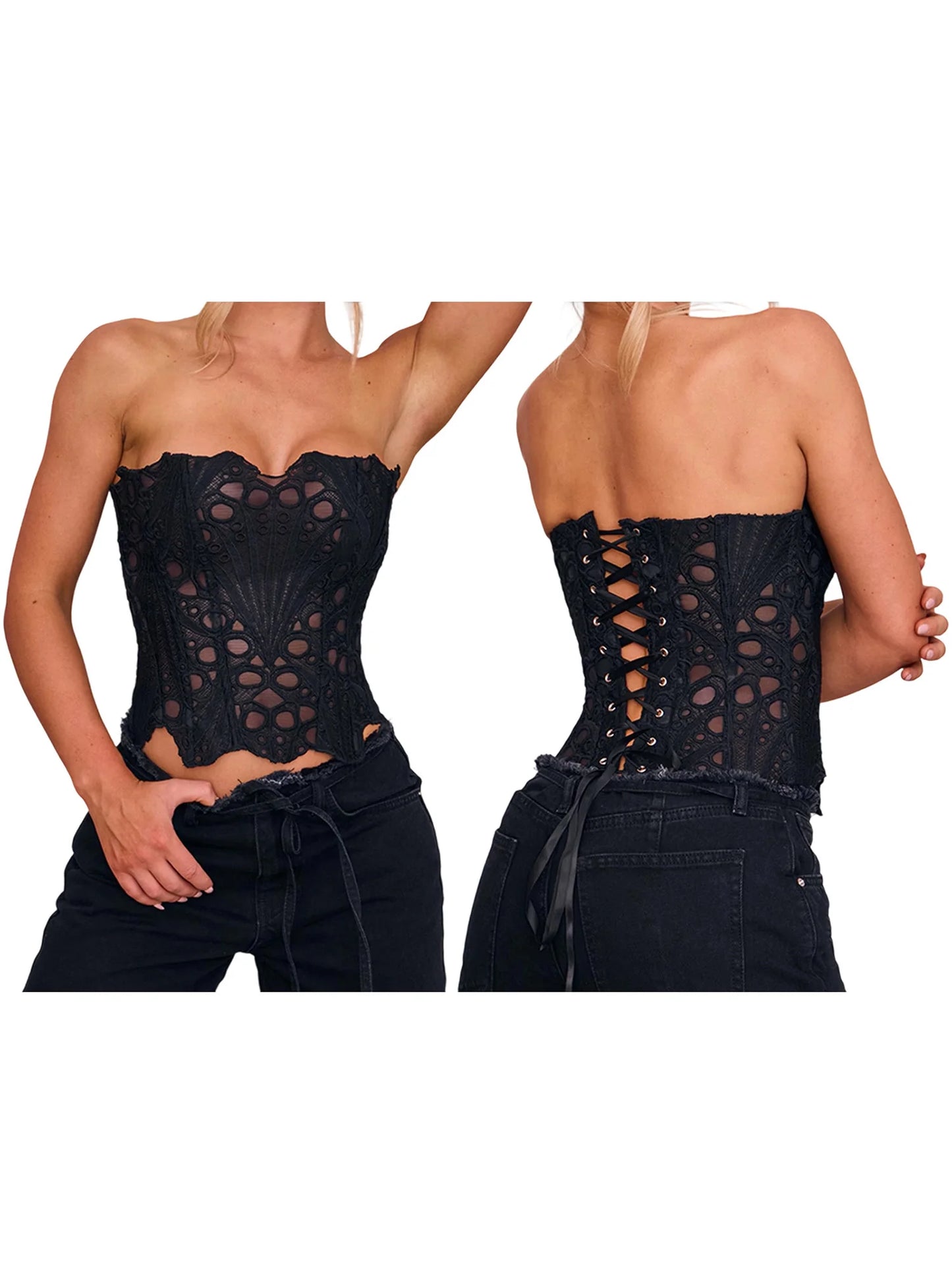 Hirigin Lace Up Backless Bandeau Top With Irregular Cutouts