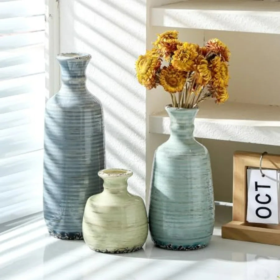 Ceramic Vase Set Of 3 Rustic Neutral Farmhouse Decor