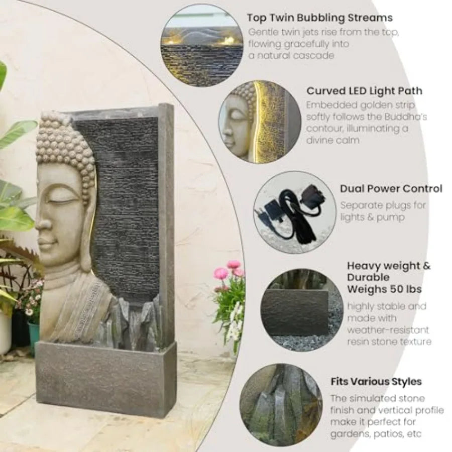 Buddha Outdoor Water Fountain With LED Lights And Zen Bubblers