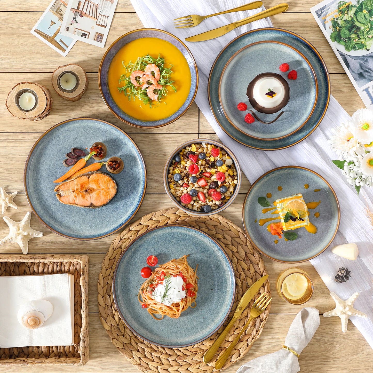 MALACASA Reactive Stoneware Dinnerware Set with Plates and Bowls