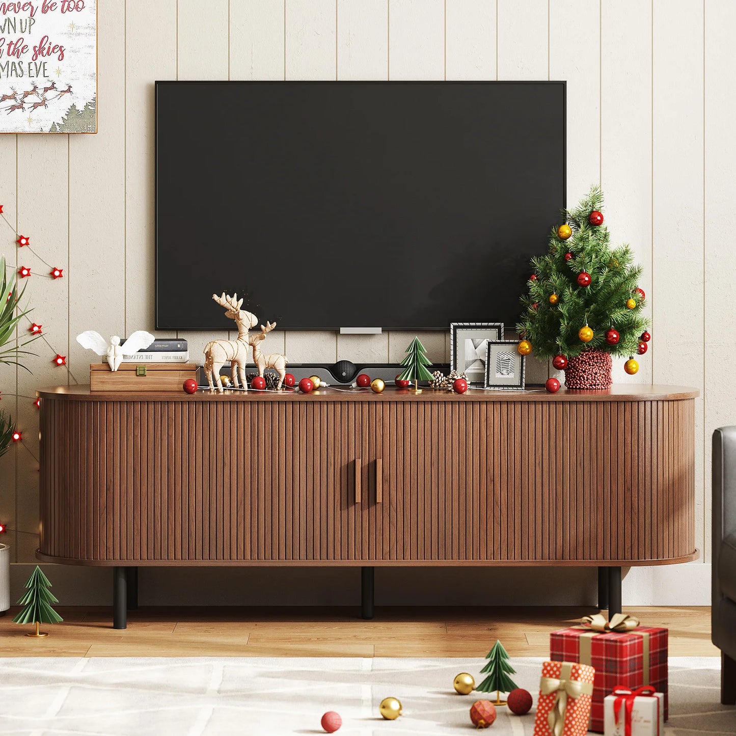 TV Stand with Power Outlet for TVs up to 60/70", Entertainment Center, TV Table with Sliding Doors Storage Adjustable Shelves