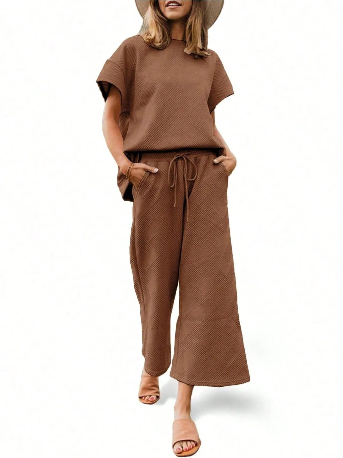 Fisoew Two Piece Sweat Set Luxury High Stretch Drawstring Waist