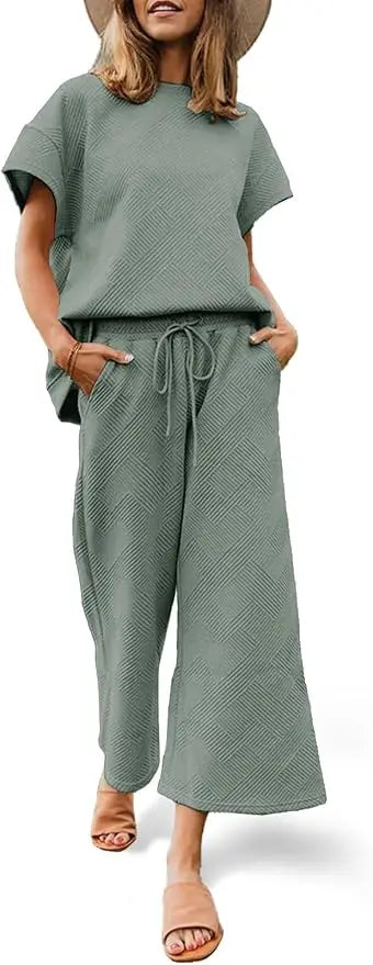 Fisoew Two Piece Sweat Set Luxury High Stretch Drawstring Waist