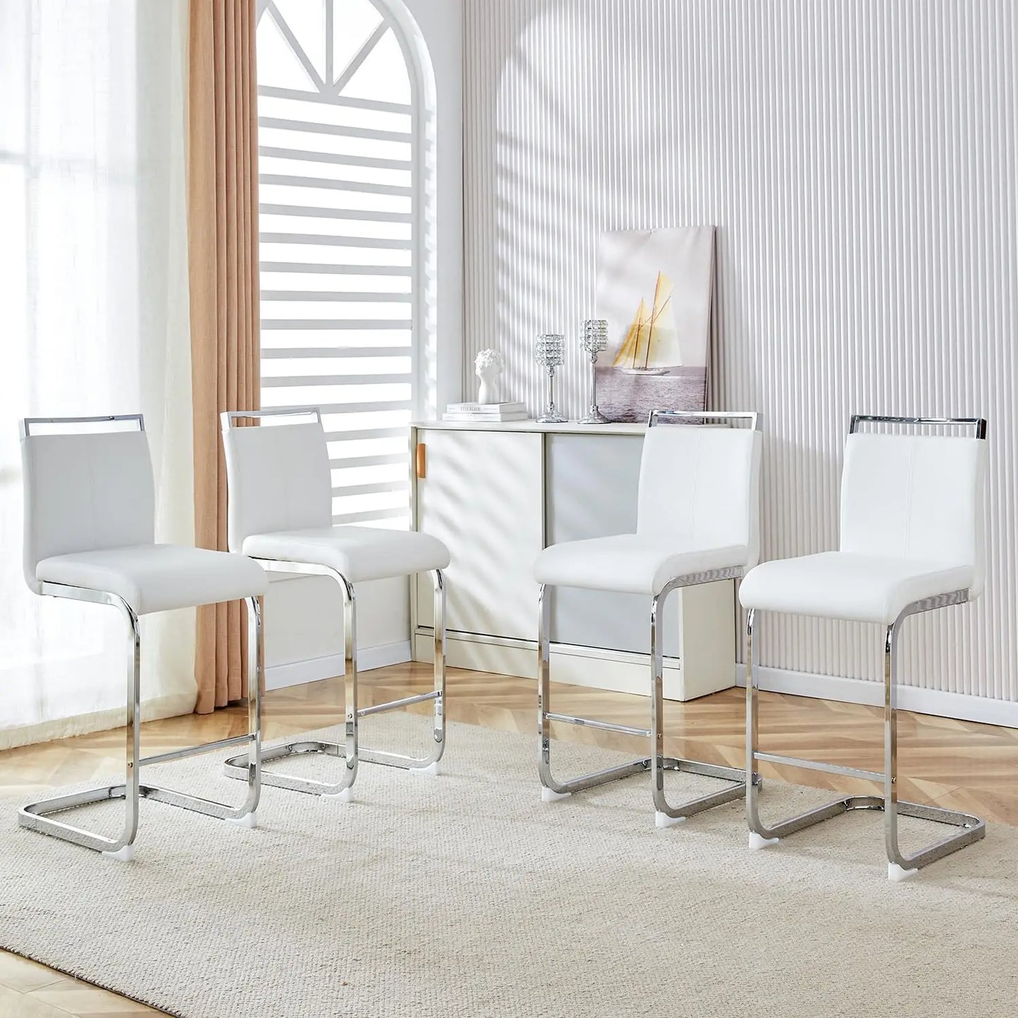 Bar Stools Set of 4,Gold Bar Stools with Back,25" White Island Chairs with Gold Plated Metal Leg,Faux, Customized