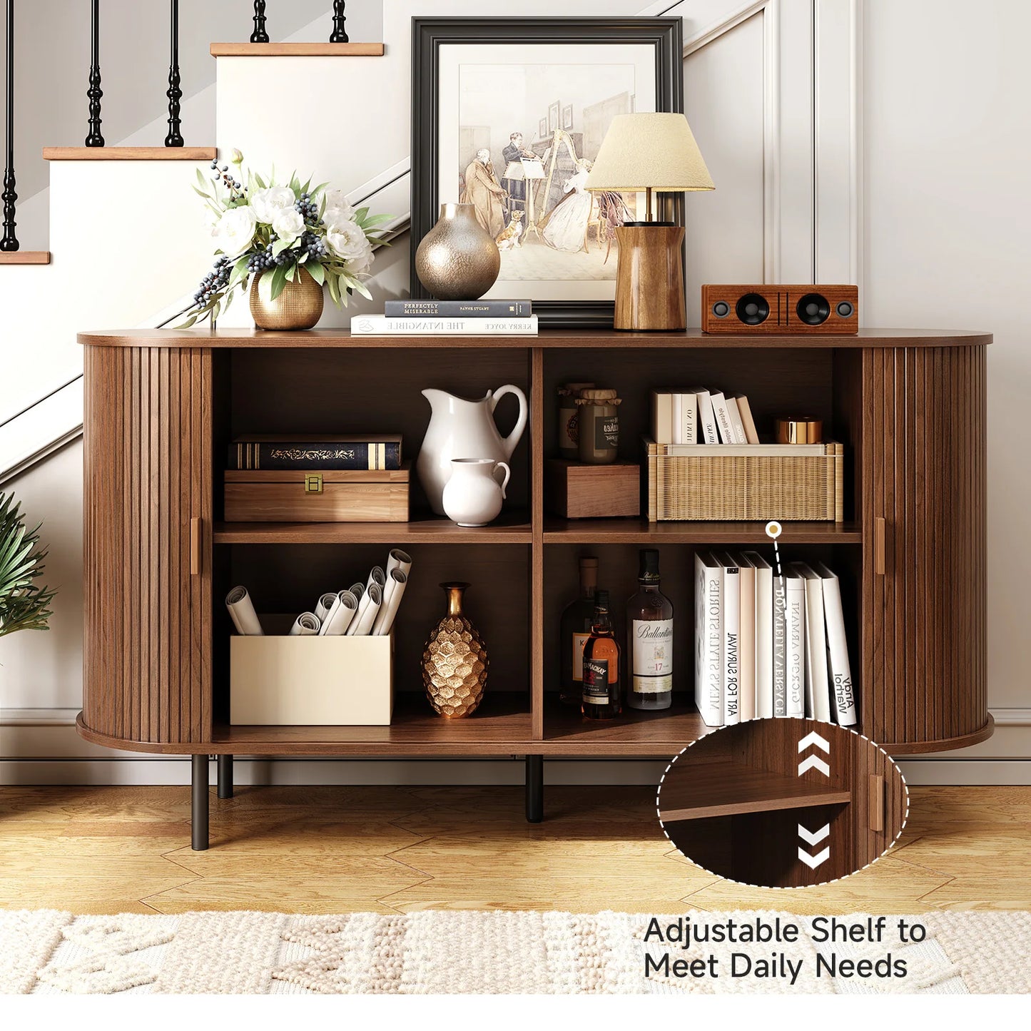 55" Sideboard Buffet Cabinet, Storage Cabinet  Adjustable Shelf, Wood Fluted Accent Coffee Bar Console Table for Kitchen