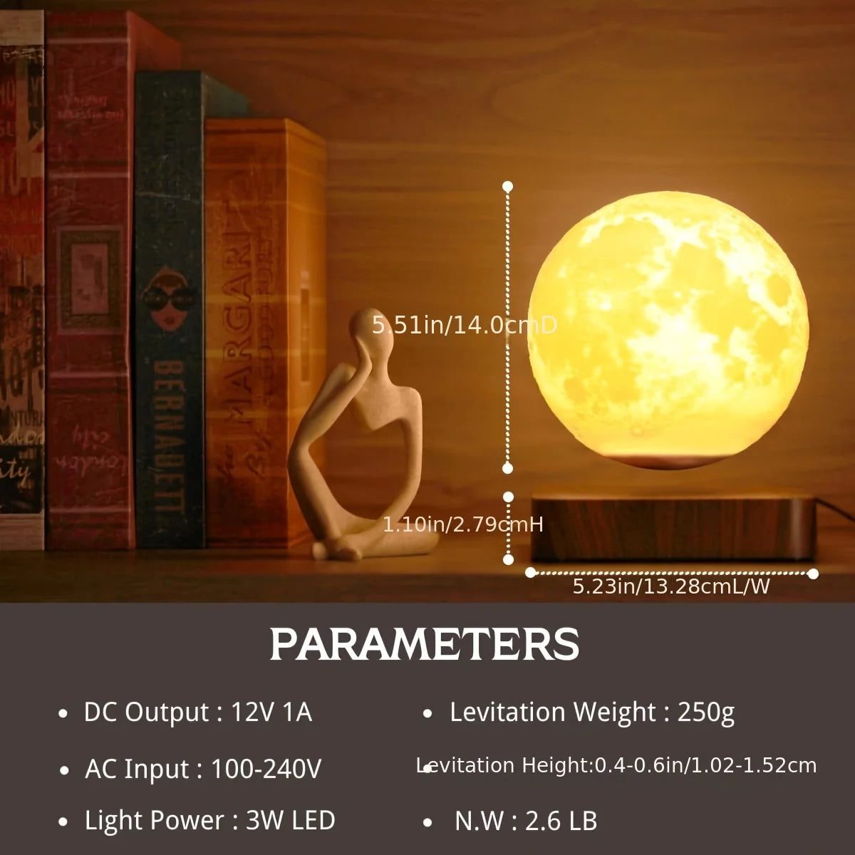 Mexllex Magnetic Floating Rotating Moon Lamp With Wooden Base