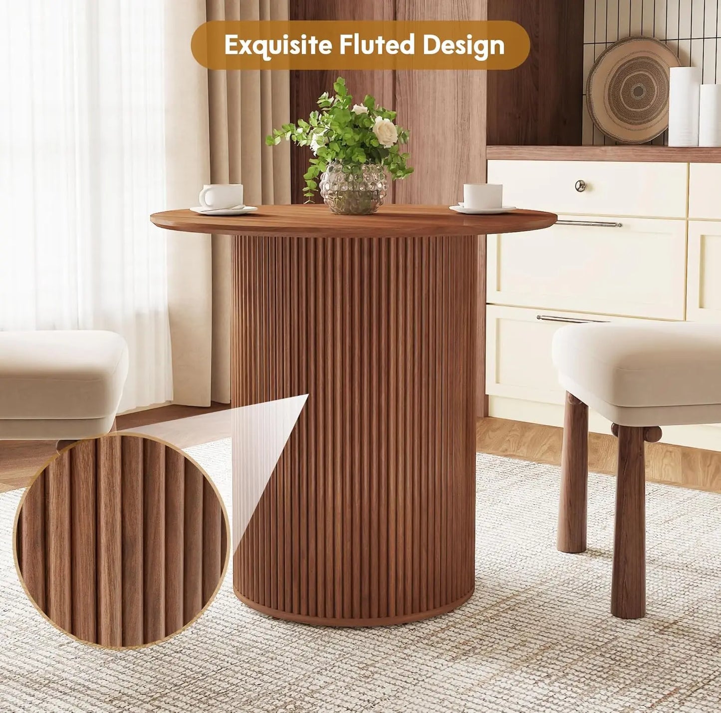 31.5" Round Dining Table for 2 People, Small Kitchen Dinner Table with Fluted Wood Base, Farmhouse Circle Dining, Customized