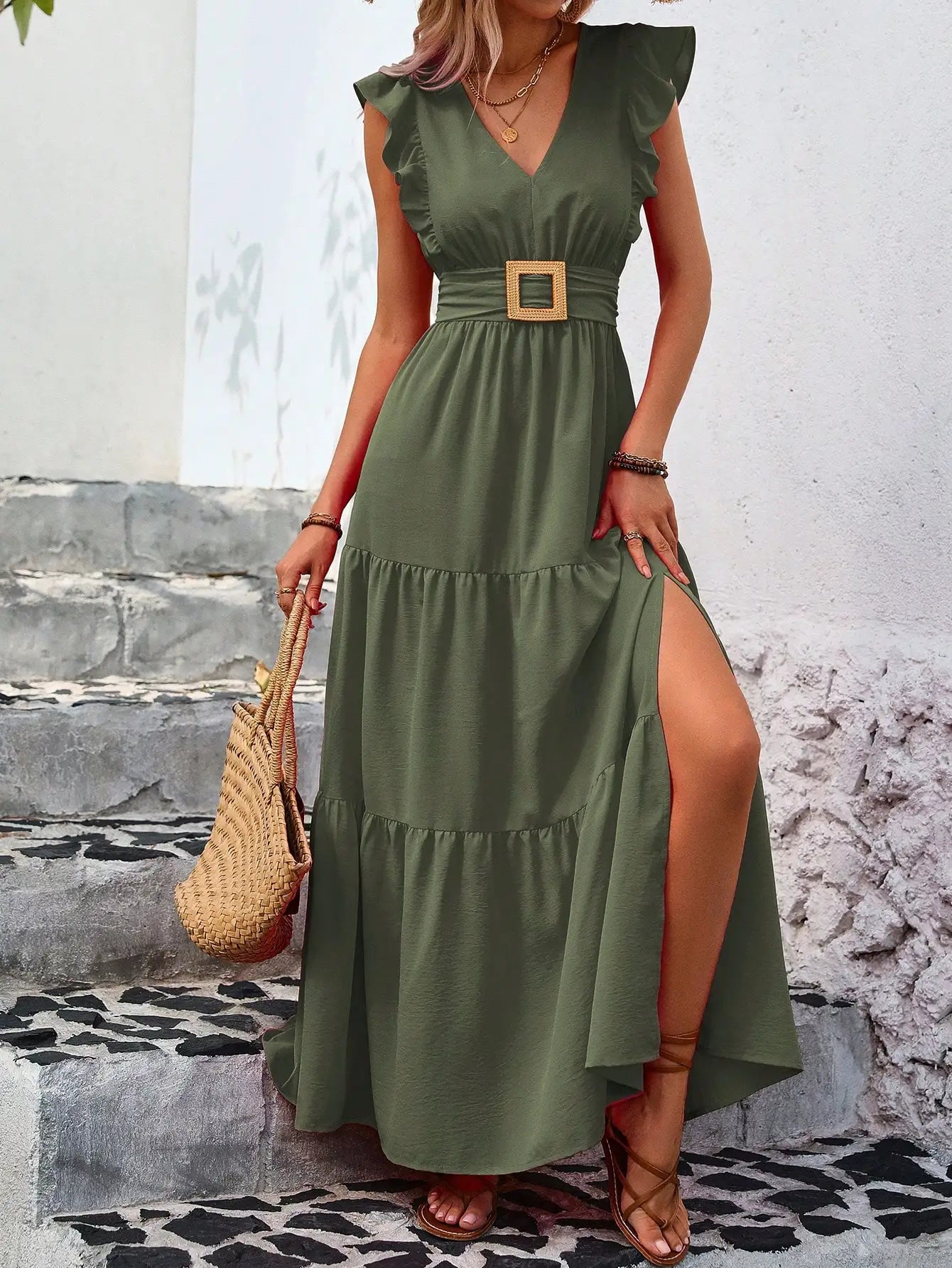 Ruffle Trim Maxi Dress With High Slit Summer Vacation Women