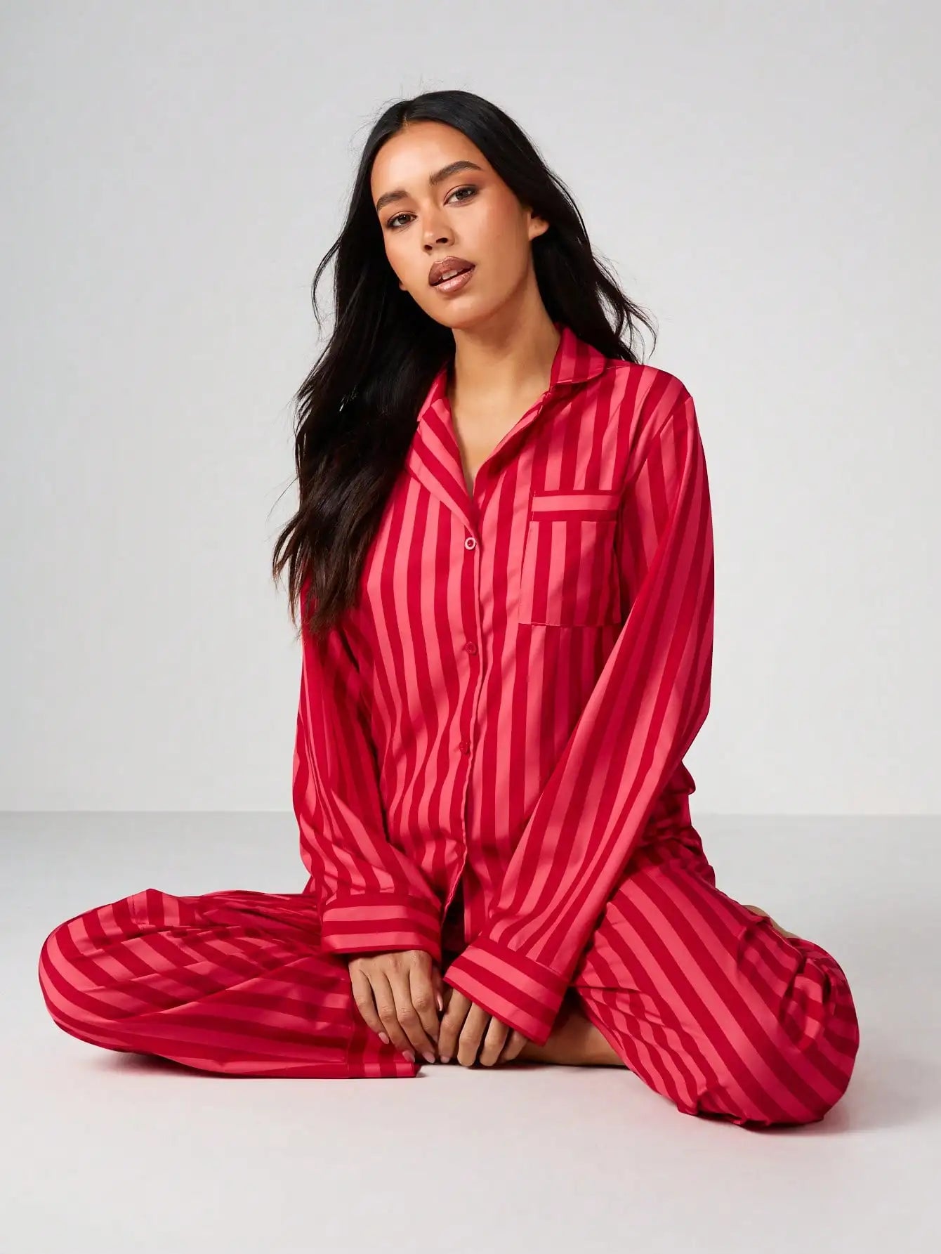 Red and Pink Striped Long Sleeve Button-Up Pajama Set for Women