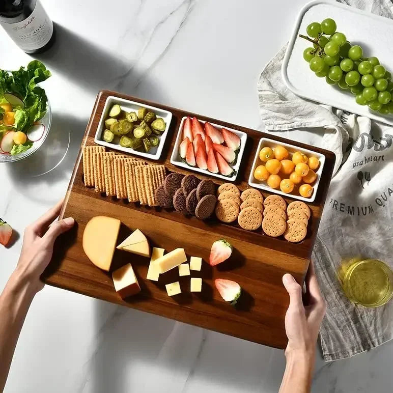 Acacia Wood Charcuterie Board Set With Ceramic Bowls And Utensils