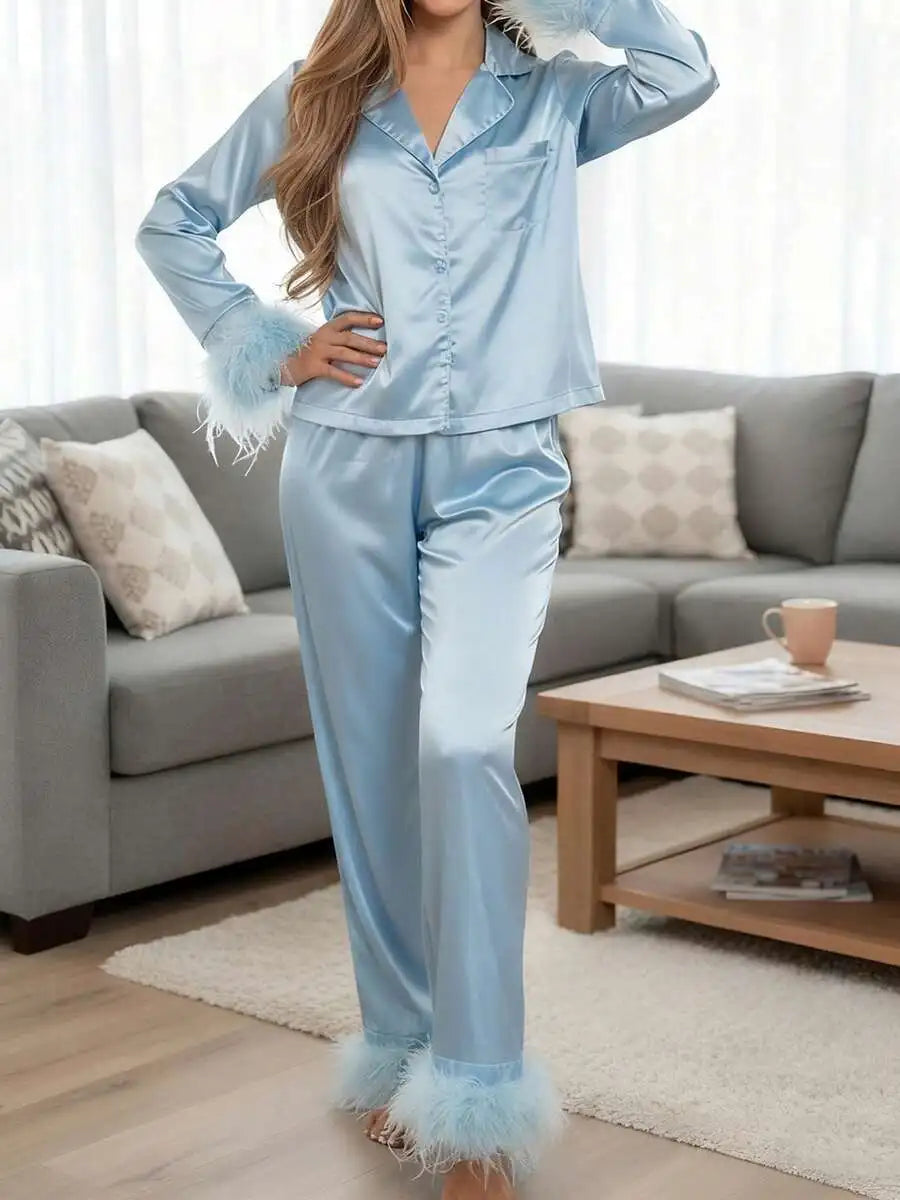 Women's Light Blue Satin Pajama Set with Feather Trim Long Sleeve Button-Up Top and Pants