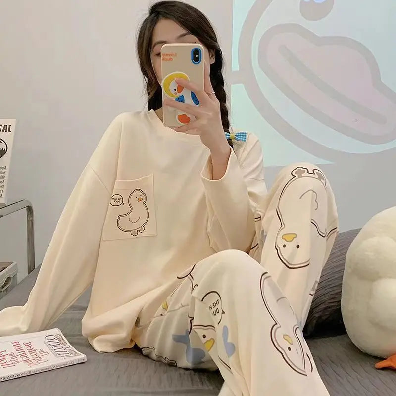Spring and Autumn New Women's Pajamas Homewear Suit Girls Thin Section Long-Sleeved Students Big Yards Cartoon Loose Pajamas