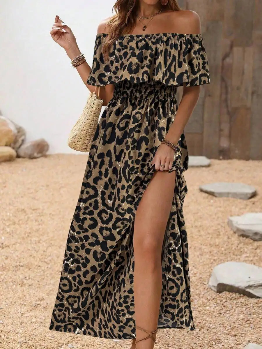 Off Shoulder Floral Maxi Dress With Side Slit And Ruffles