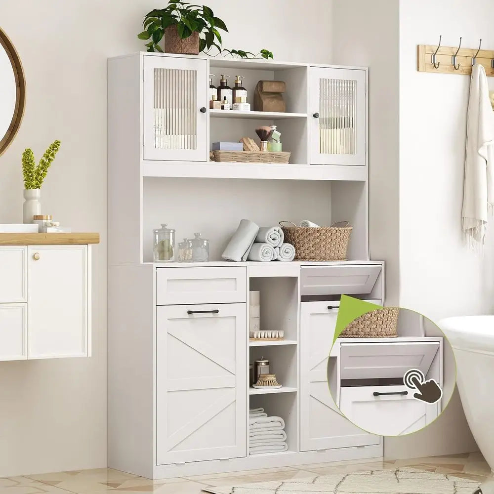 Double Hamper Cabinet With Frosted Glass Door For Bathroom Storage