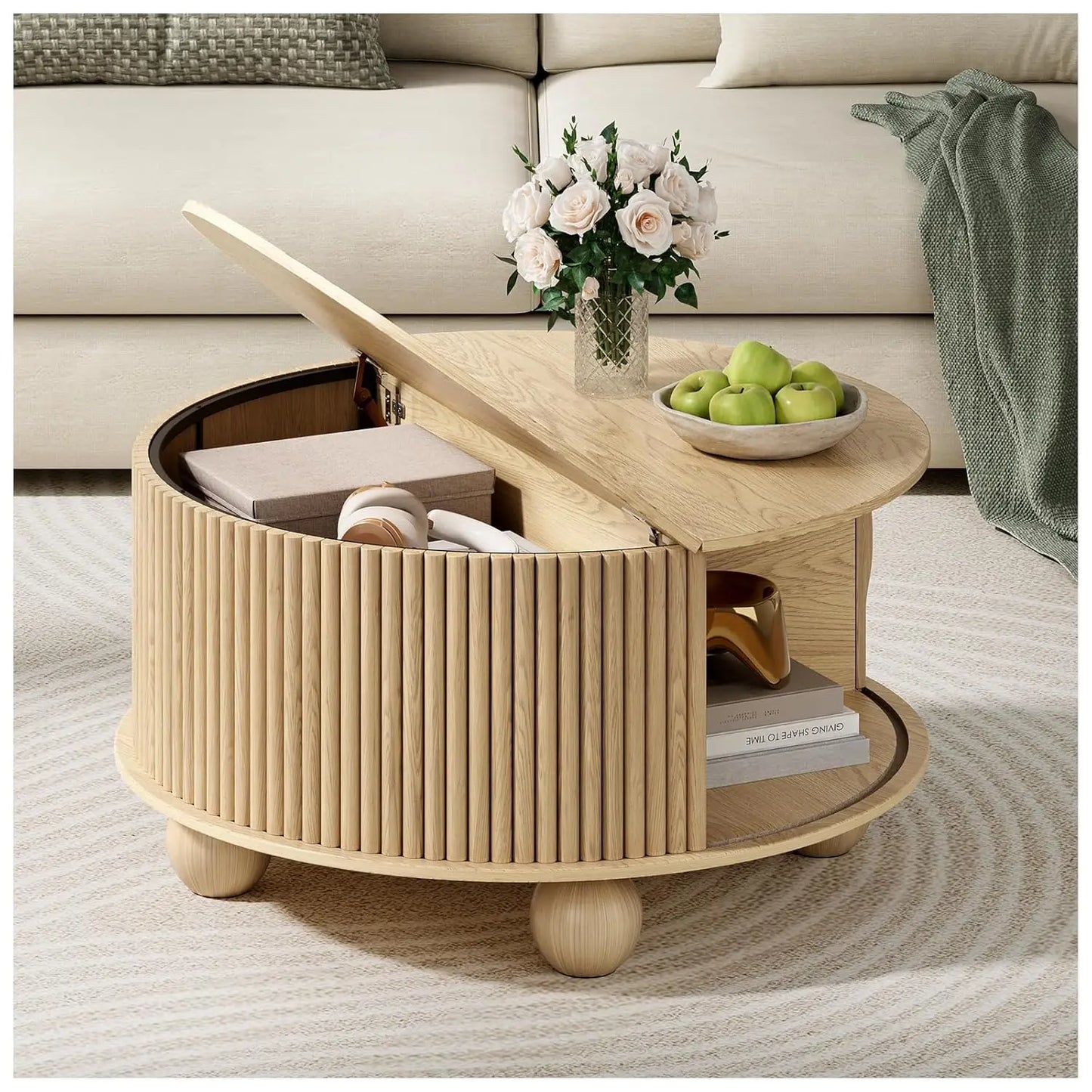 Round Coffee Table with Storage, 31.5" Fluted Center Table for Living Room, Modern Walnut Wood Circle Drum Table, Customized