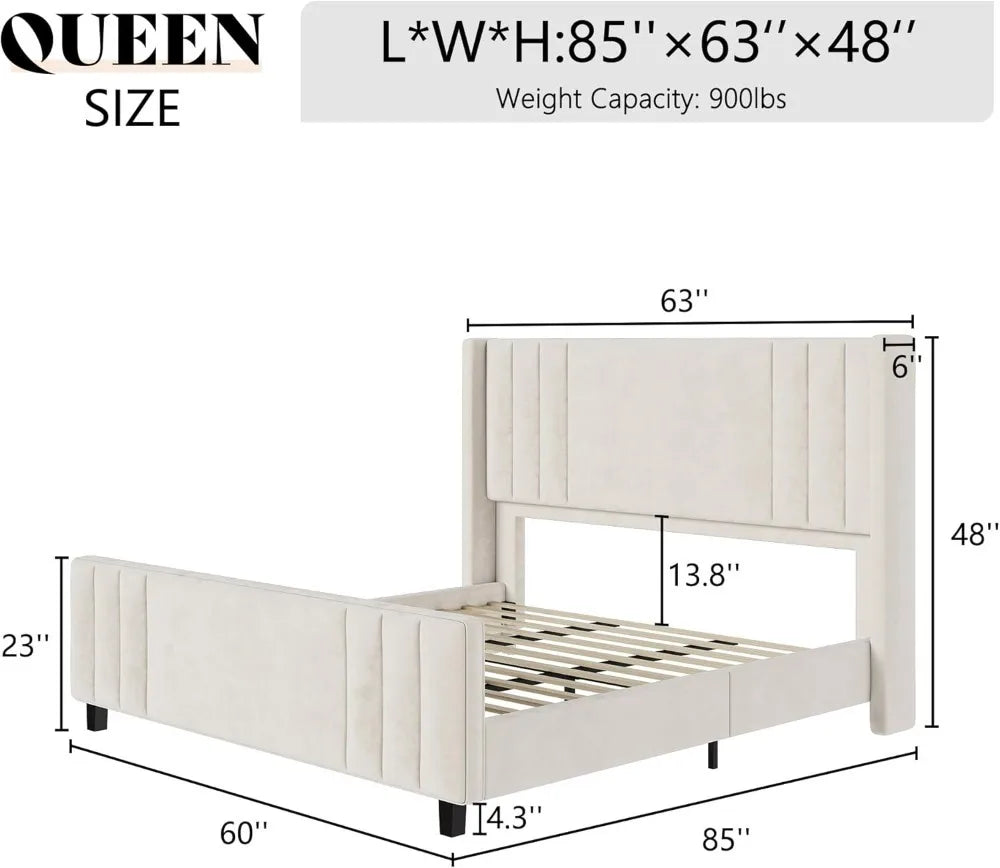 Velvet Upholstered Platform Bed With Vertical Channel Tufting And Wingback